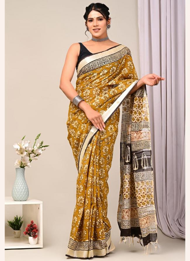 Linen Yellow Casual Wear Printed Saree